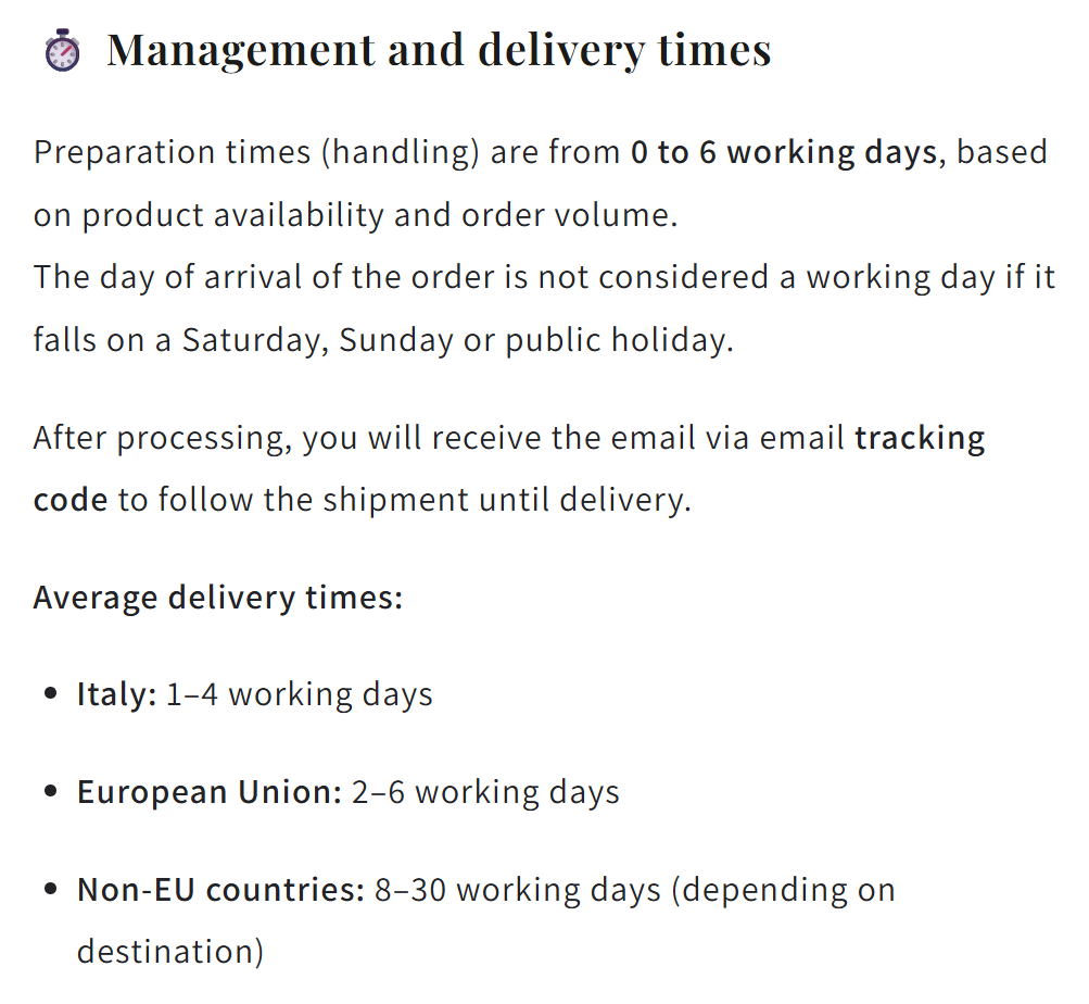 Screenshot of Papique’s shipping policy showing order handling times and estimated delivery windows for Italy, the EU, and non-EU destinations