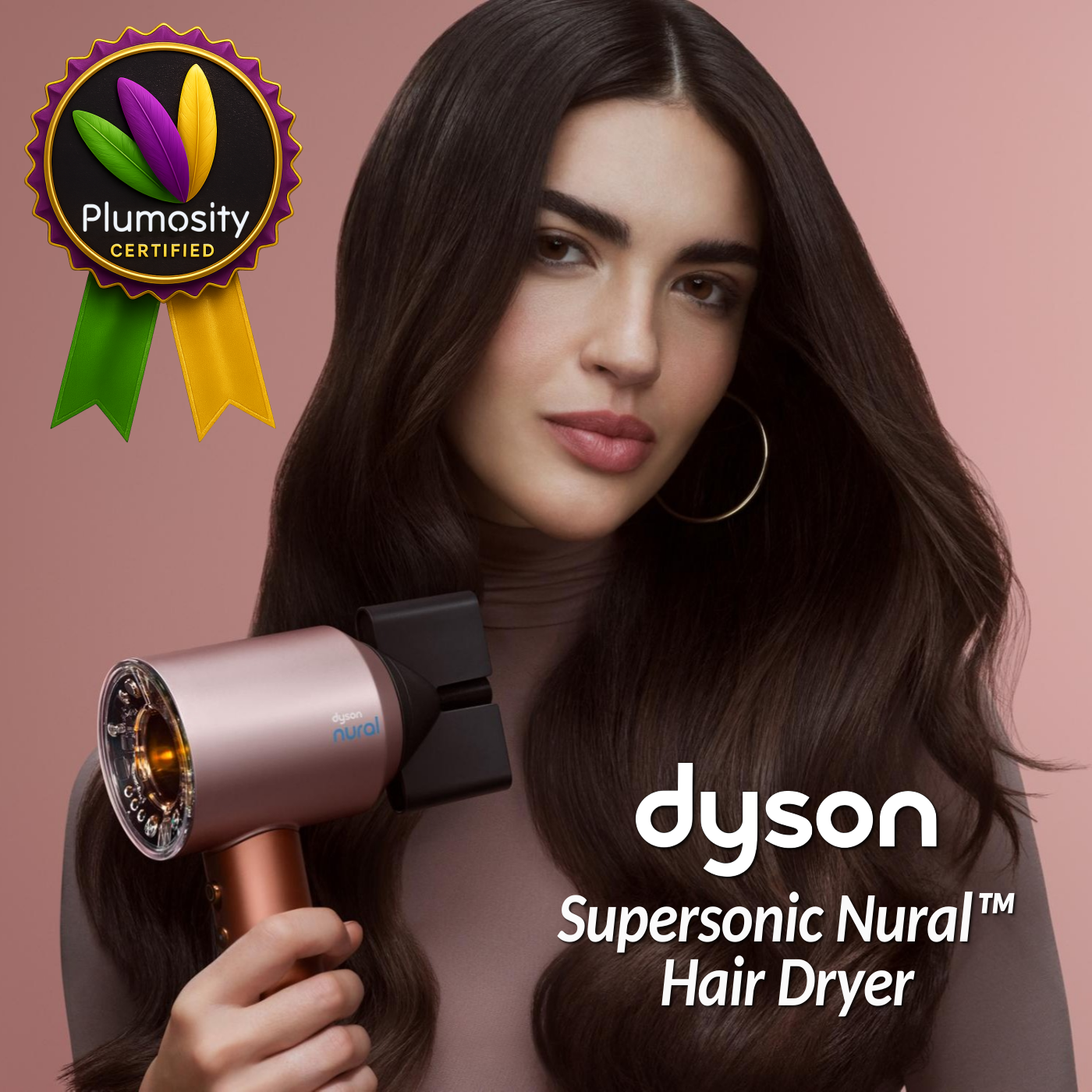 Woman using the Dyson Supersonic Nural hair dryer with Plumosity Certified badge overlay