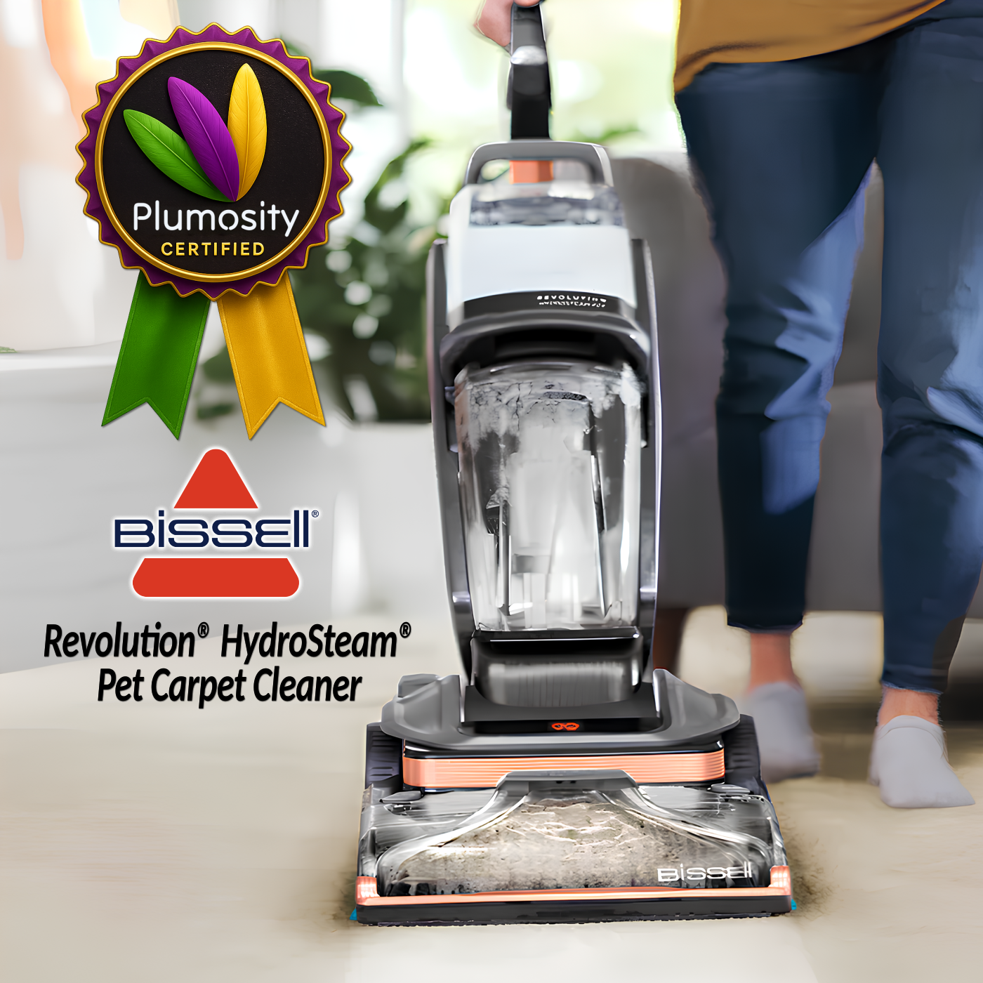 A person using the BISSELL Revolution HydroSteam Pet carpet cleaner on a light-colored carpet with Plumosity Certified badge overlay