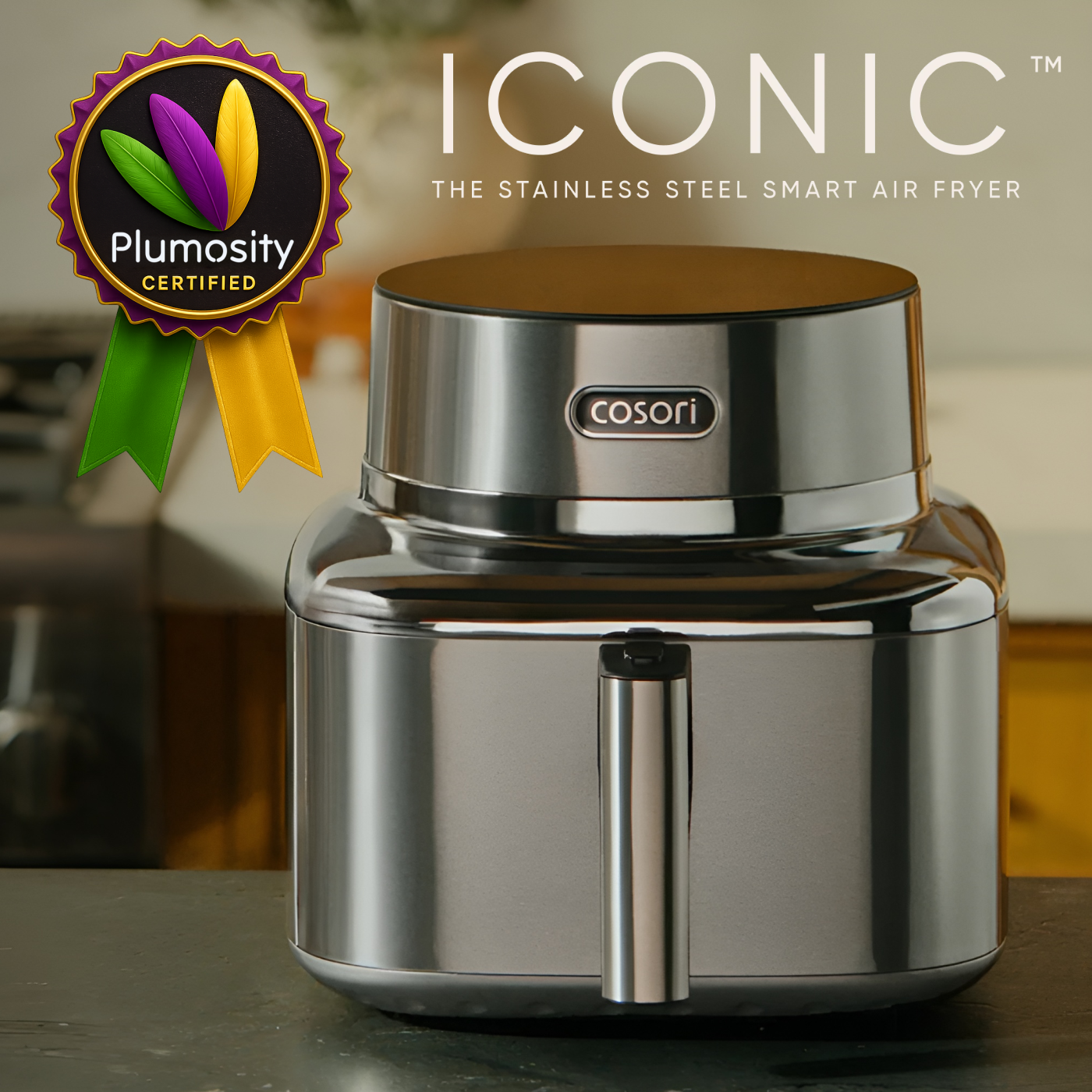 A Iconic Air Fryer on a kitchen counter with Plumosity Certified badge overlay