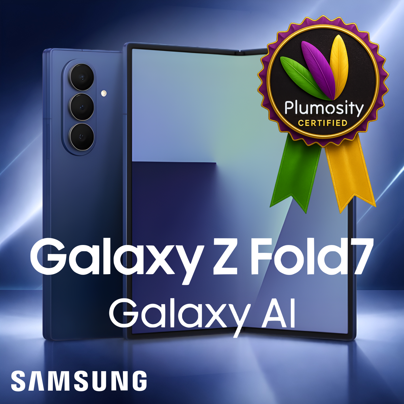 Samsung Galaxy Z Fold7 on a blue backdrop with Plumosity Certified badge overlay