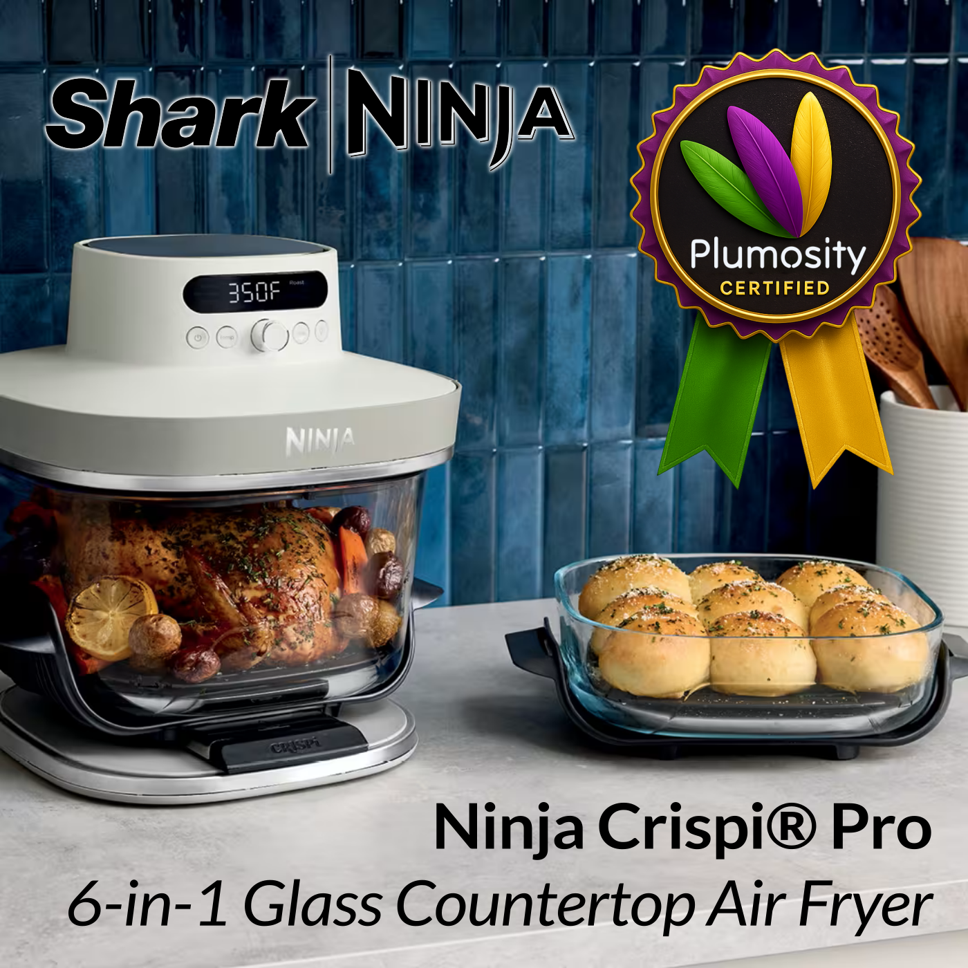 Ninja CRISPi Pro 6-in-1 Glass Countertop Air Fryer with Plumosity Certified badge overlay
