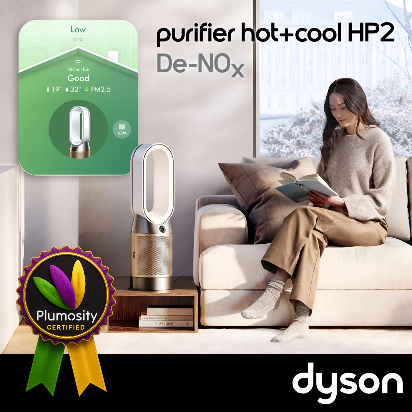 Dyson Purifier Hot+Cool HP2 De-NOx with Plumosity Certified badge overlay