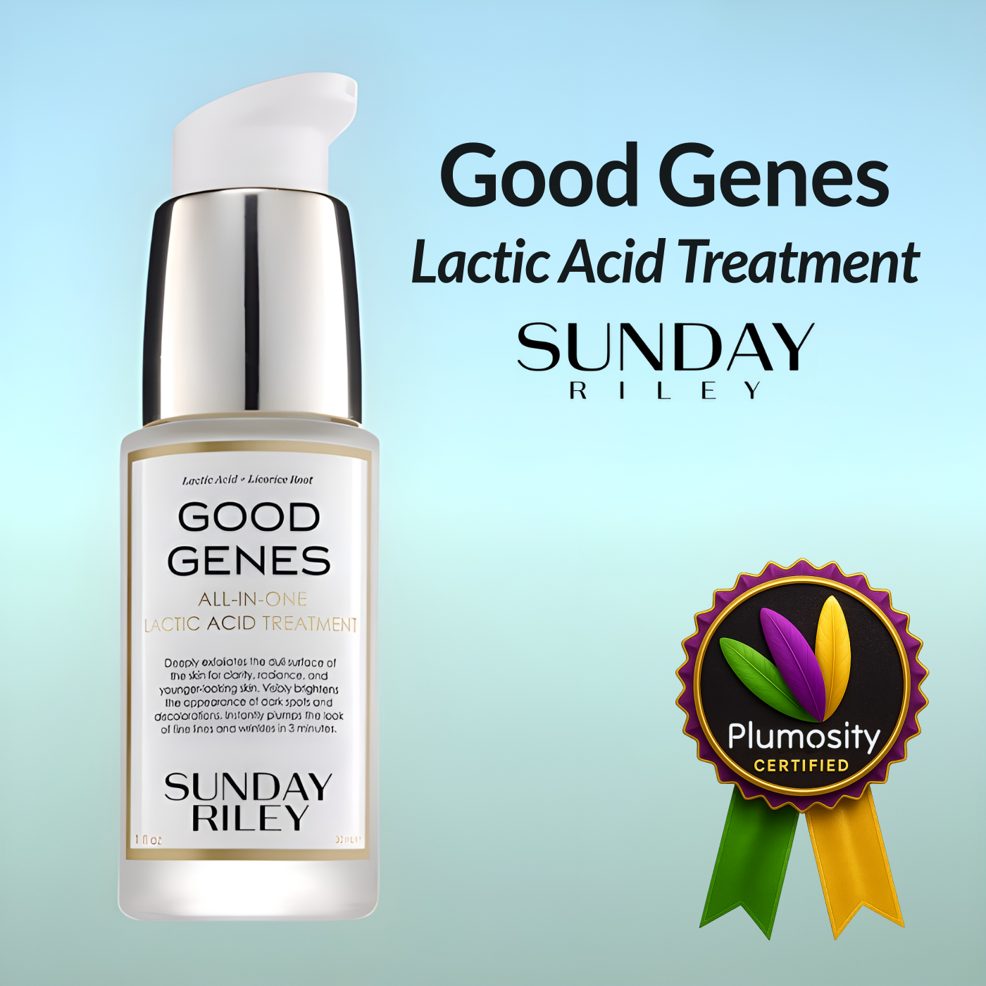 Sunday Riley Good Genes All-In-One Lactic Acid Treatment with Plumosity Certified badge overlay