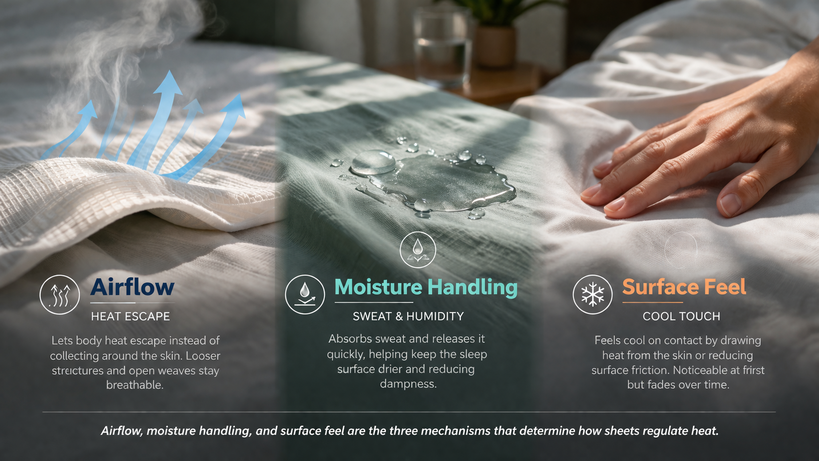Diagram showing airflow, moisture handling, and surface feel in bedding