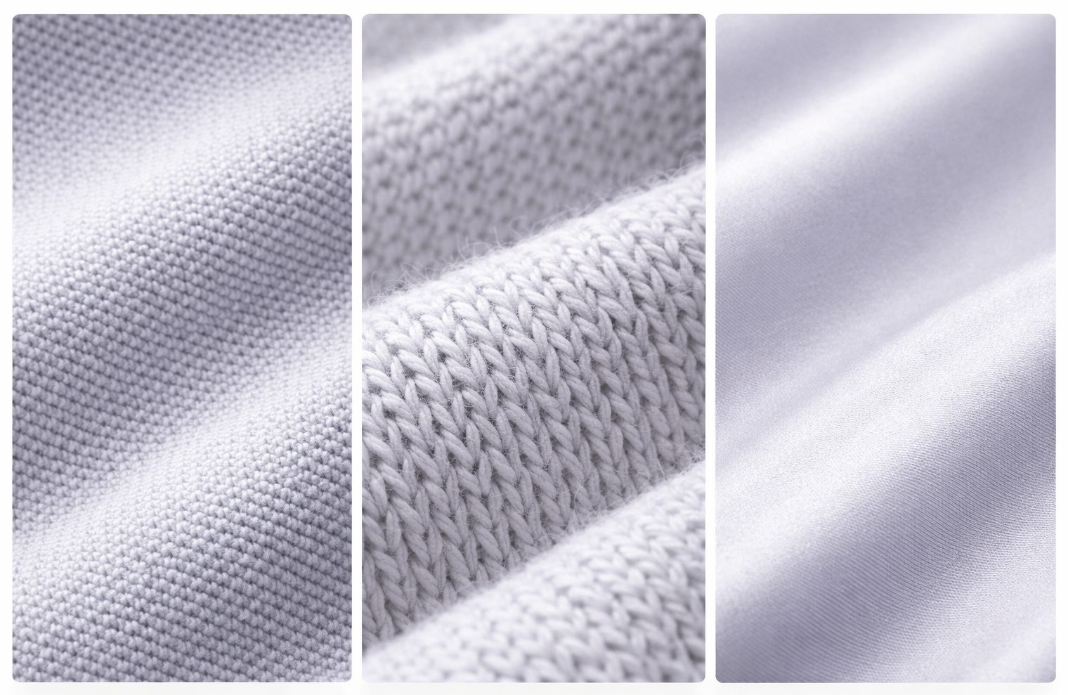 Close-up comparison of dense woven fabric, knit jersey loops, and smooth coated fabric showing differences in airflow, structure, and surface behavior