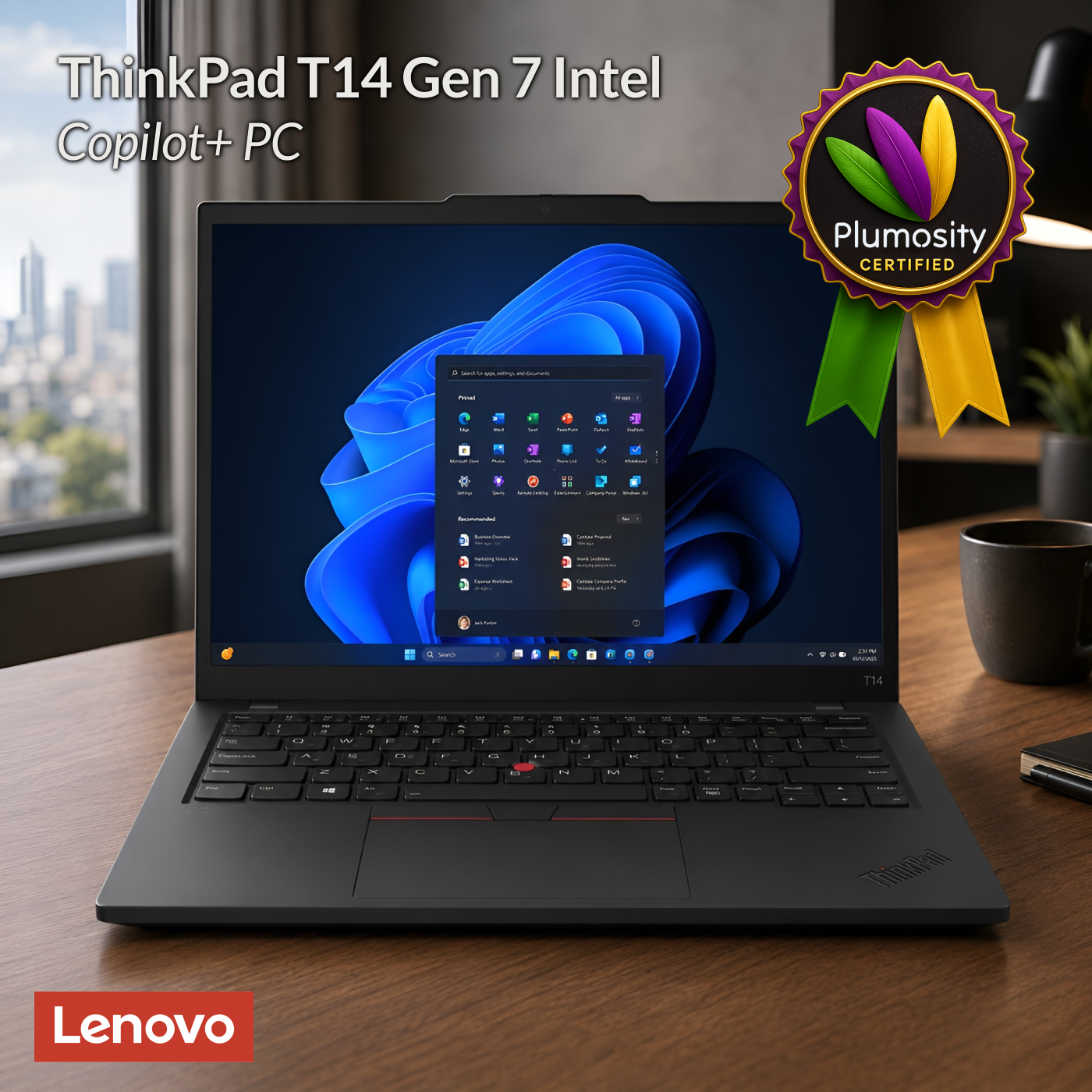 Lenovo ThinkPad T14 Gen 7 Intel laptop with Plumosity Certified badge overlay