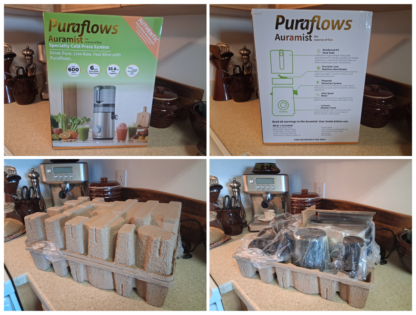 Puraflows Auramist shipping box and internal packaging used to protect the juicer during transit