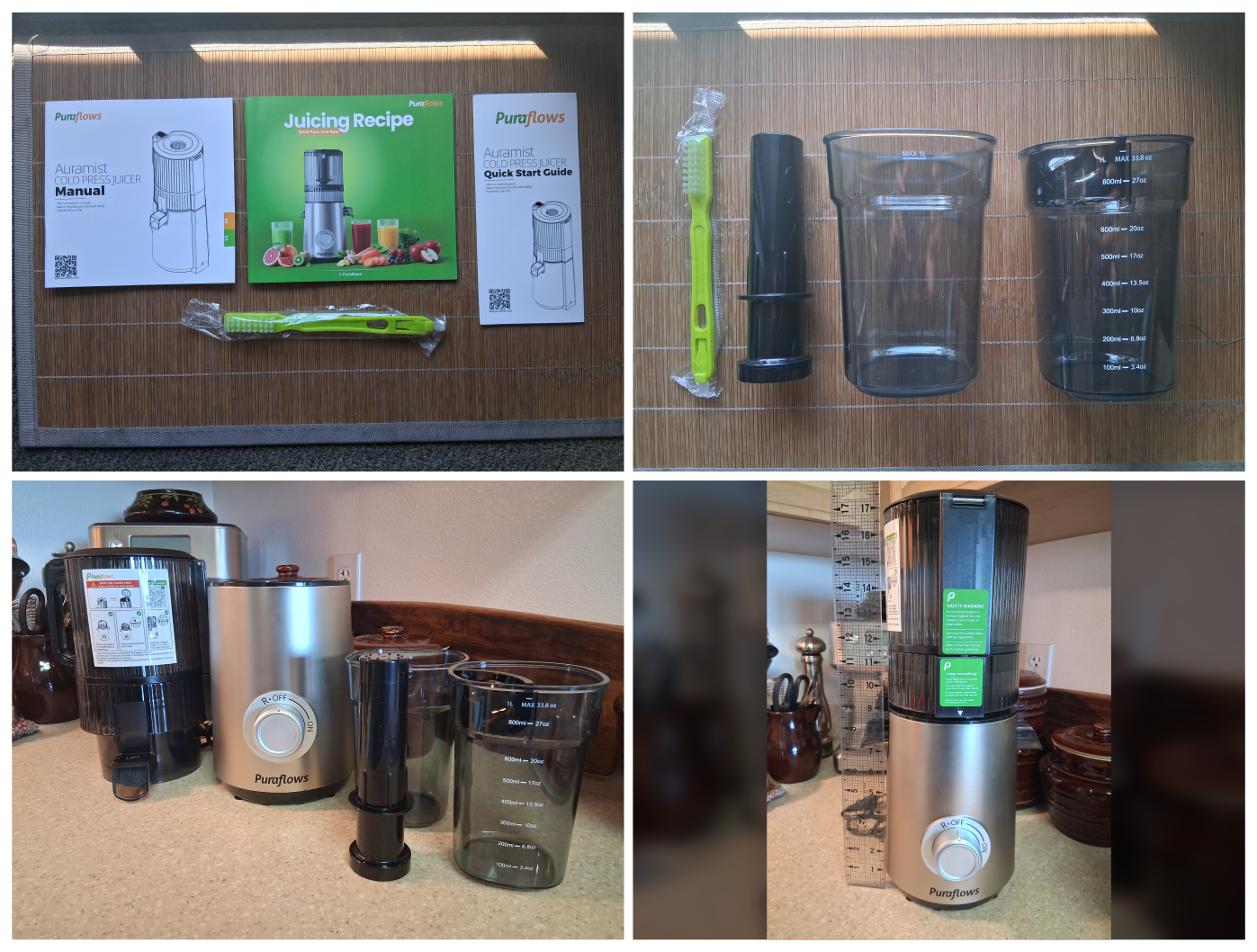 Puraflows Auramist included accessories including cleaning brush, food pusher, juice container, and pulp container