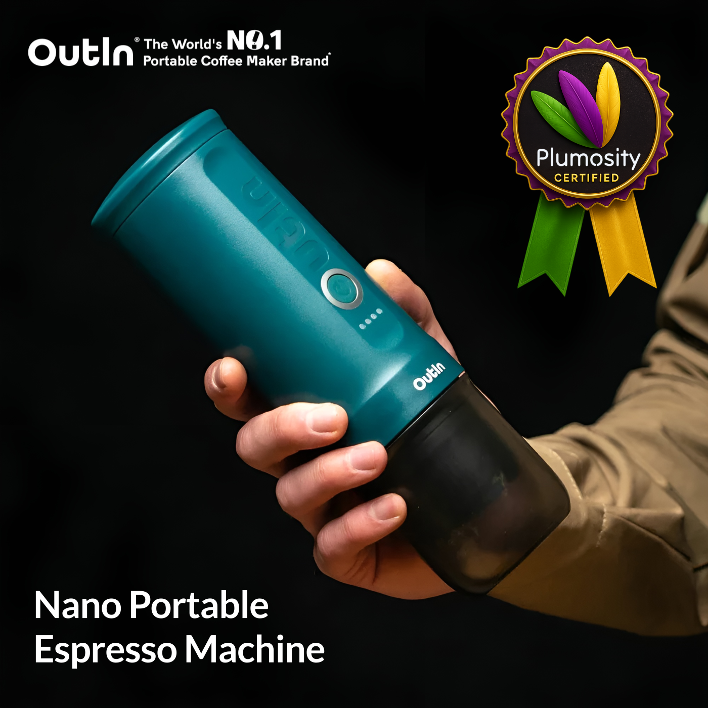 OutIn Nano Portable Espresso Machine with Plumosity Certified badge overlay