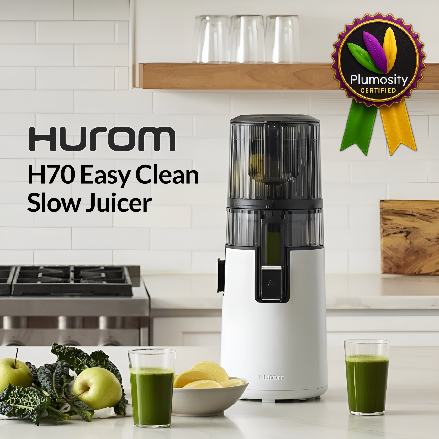 Hurom H70 Easy Clean Slow Juicer with Plumosity Certified badge overlay