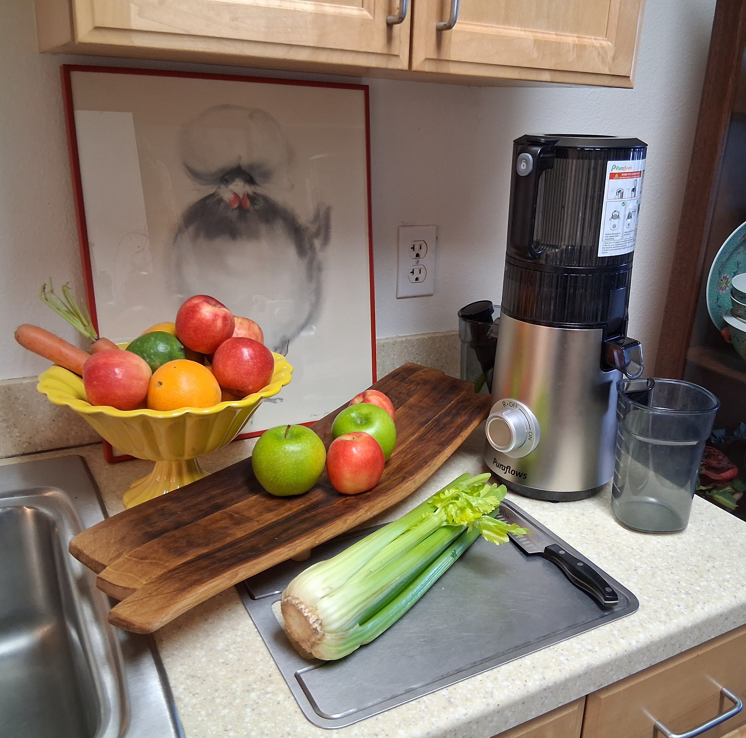 Puraflows Auramist Cold Press Juicer stored beneath kitchen cabinets with fresh produce and prep tools nearby