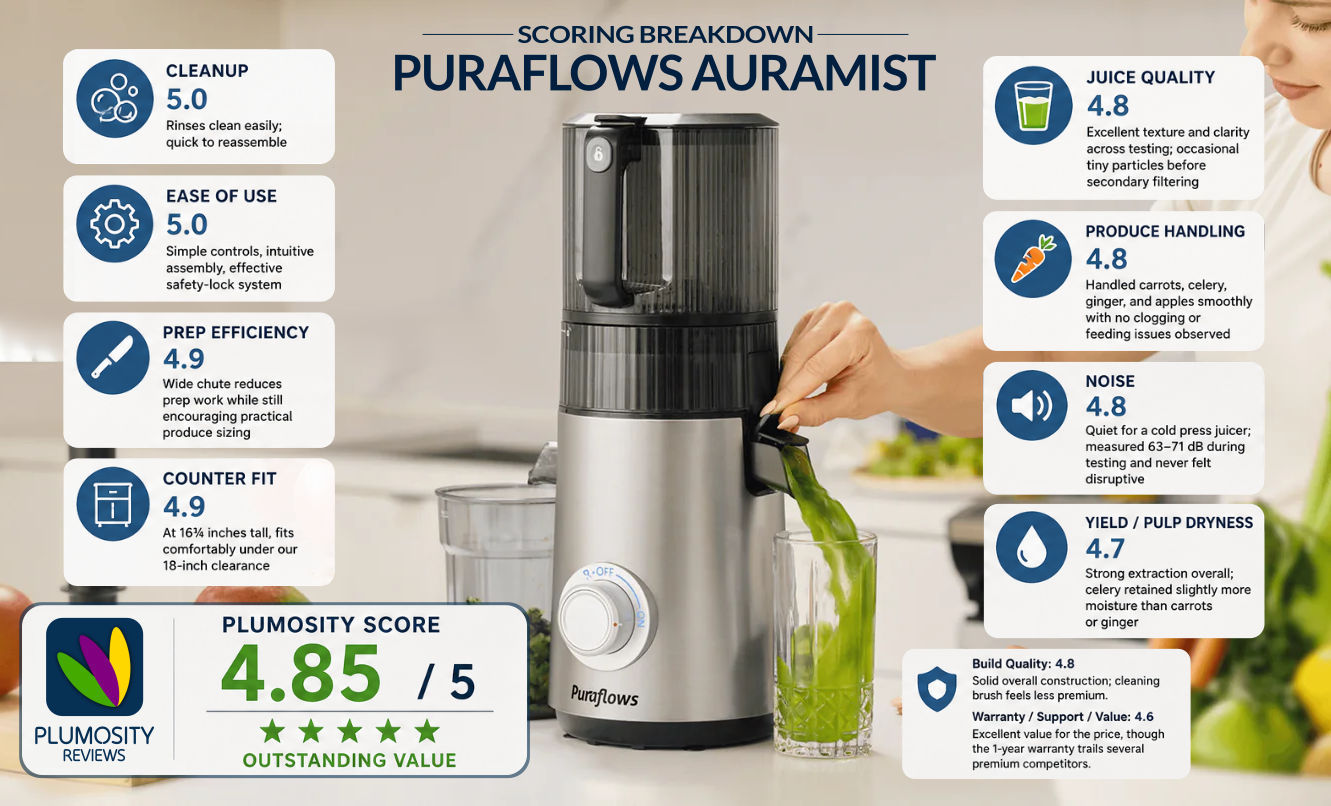 Plumosity scoring breakdown and review score graphic for the Puraflows Auramist Cold Press Juicer