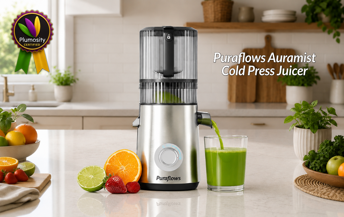 Puraflows Auramist Cold Press Juicer receiving Plumosity Certified recognition after earning a 4.85 out of 5 review score
