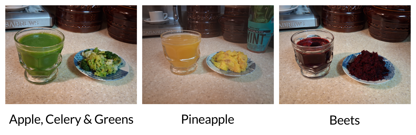 Apple, celery, leafy green, pineapple, and beet juice alongside the discharged pulp produced during Plumosity's hands-on Auramist testing