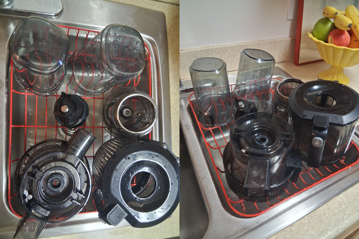 Puraflows Auramist removable components cleaned and drying on a dish rack after use