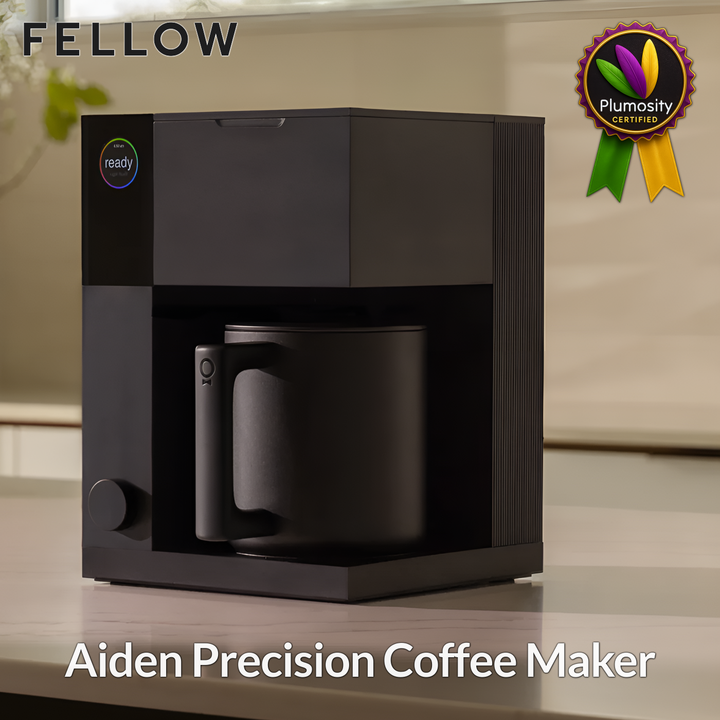 Fellow Aiden Precision Coffee Maker with Plumosity Certified badge overlay