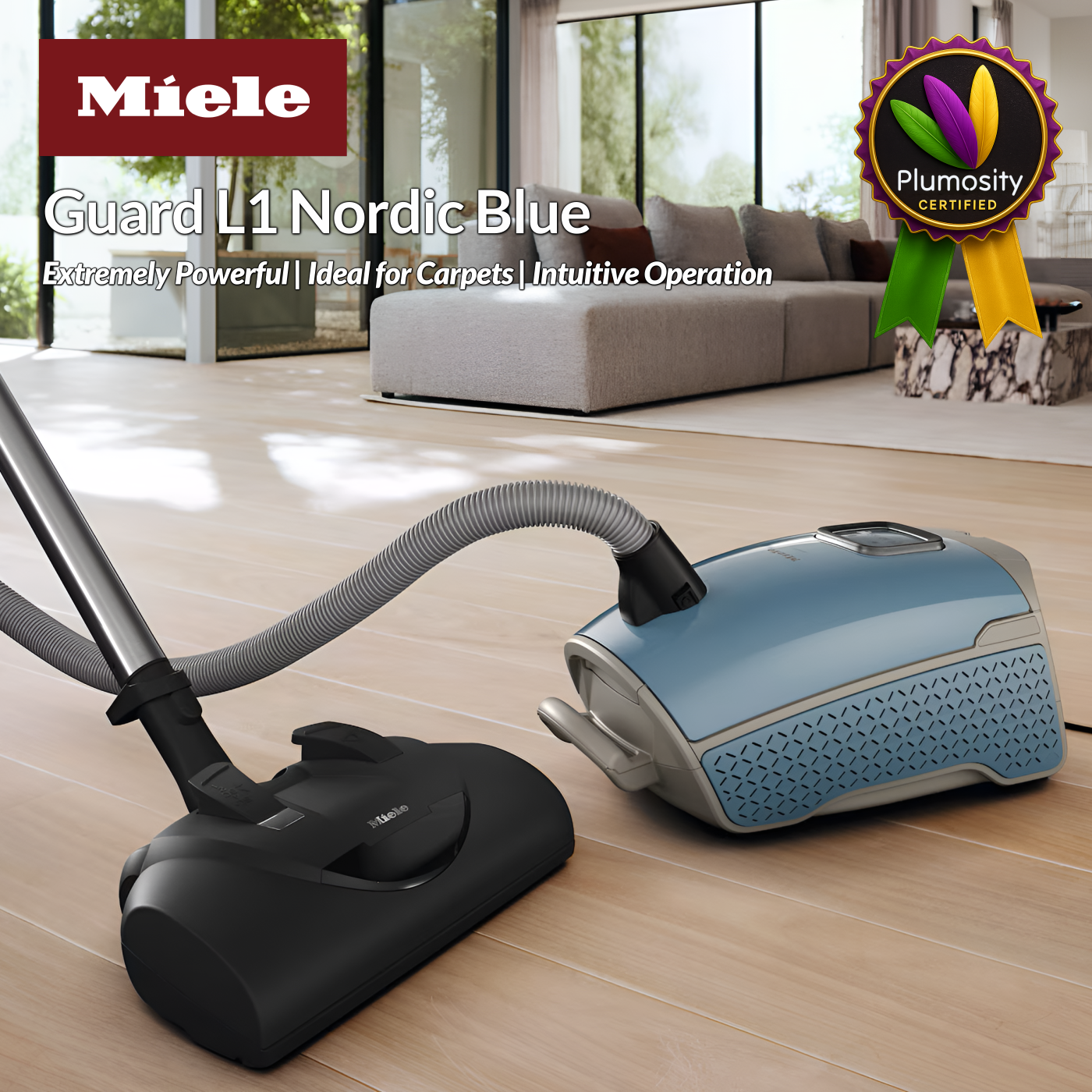 Miele Guard L1 Nordic Blue canister vacuum with Plumosity Certified badge overlay