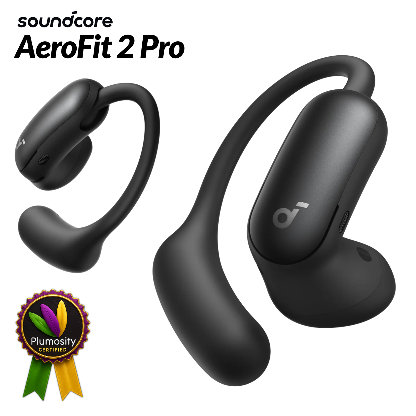 Soundcore AeroFit 2 Pro earbuds with Plumosity Certified badge overlay