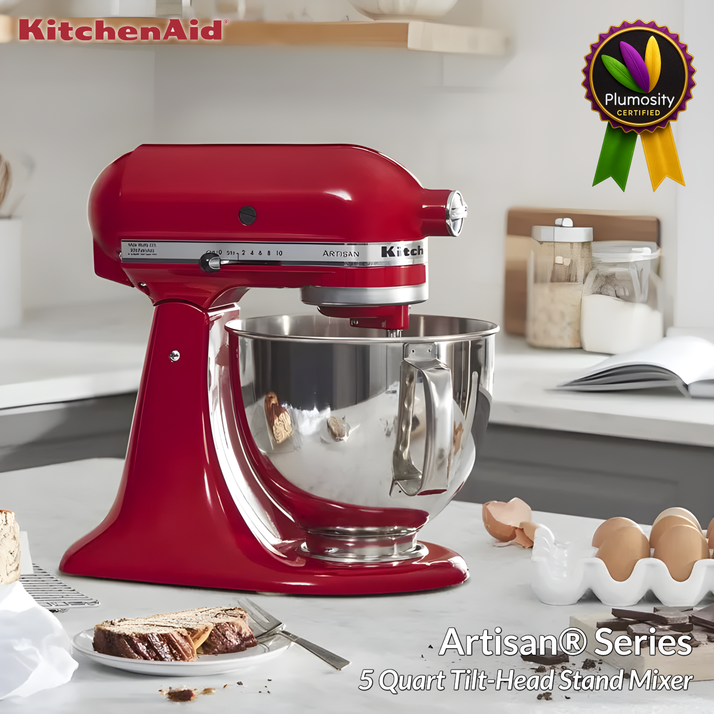 KitchenAid Artisan Series 5 Quart Tilt-Head Stand Mixer in Empire Red with Plumosity Certified badge overlay