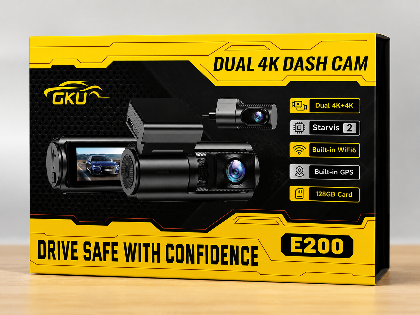 GKU E200 dual 4K dash cam retail box photographed during Plumosity's unboxing and hands-on review