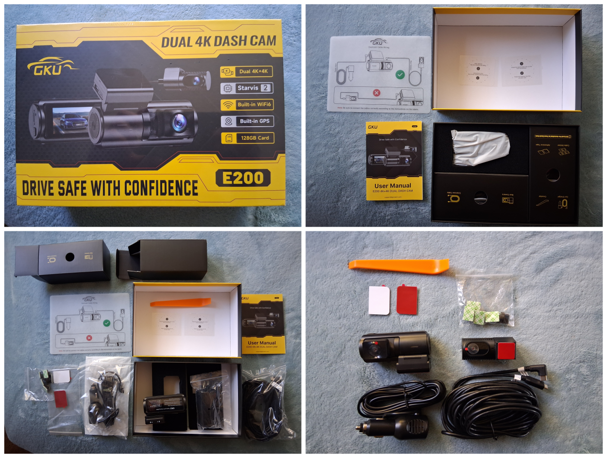 Collage showing the GKU E200 retail packaging, unboxing process, included components, cables, mounting accessories, and printed documentation
