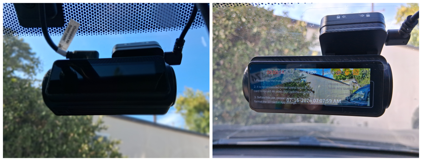 GKU E200 front camera installed behind a rearview mirror