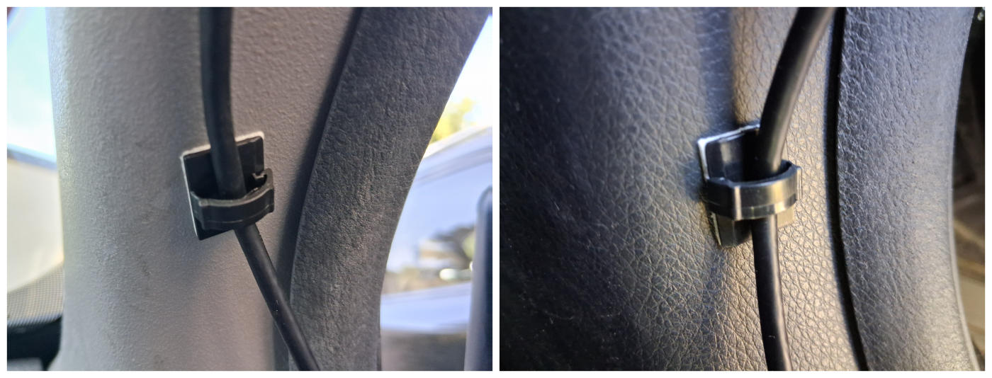 Close-up comparison of the GKU E200's included adhesive cable clips securing the rear-camera wiring during installation