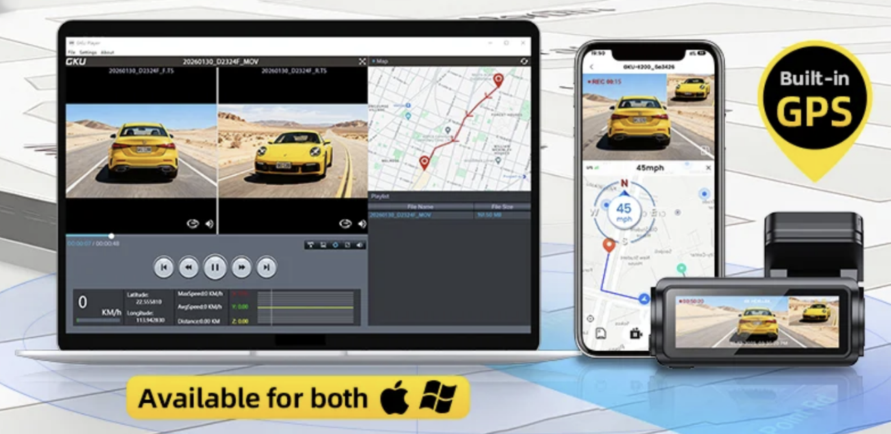 GKU E200 app and desktop software displaying front and rear footage, GPS route tracking, vehicle speed, and recorded trip data