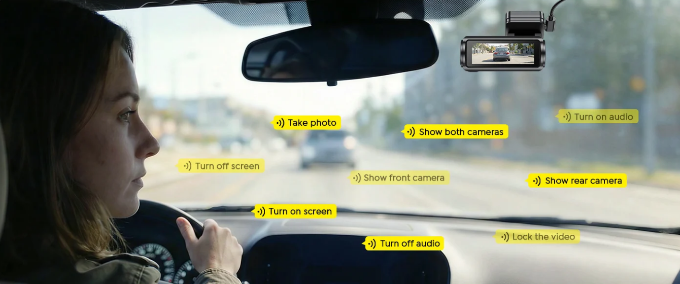Illustration showing the GKU E200's nine built-in voice commands for hands-free control while driving