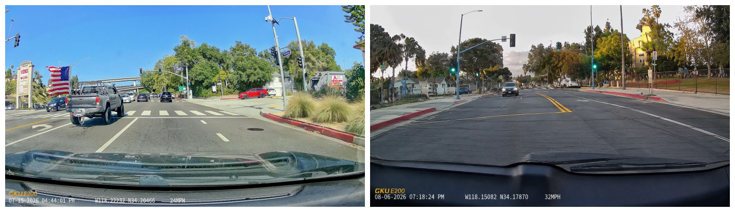 Daytime front and rear footage sample images taken by the GKU E200 during testing