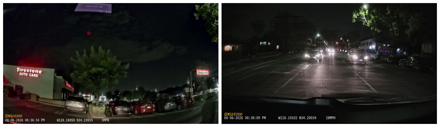 Nighttime front and rear footage images taken by the GKU E200 under headlights and street lighting
