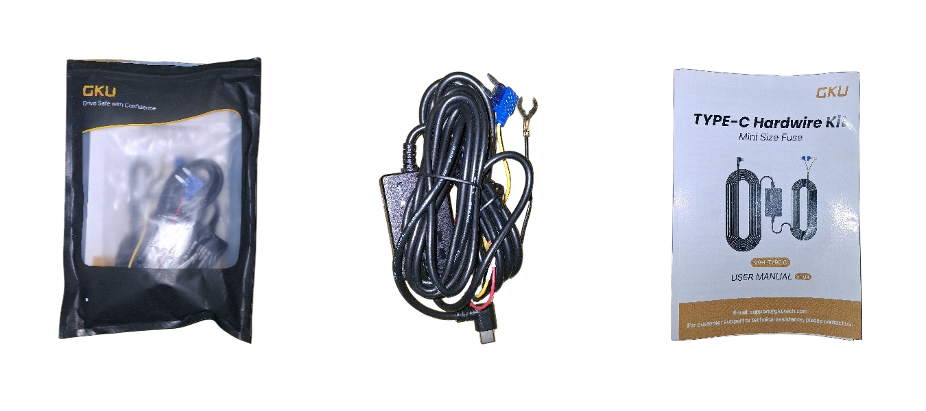 GKU E200 USB-C hardwire kit shown with retail packaging, wiring hardware, fuse taps, and installation instructions