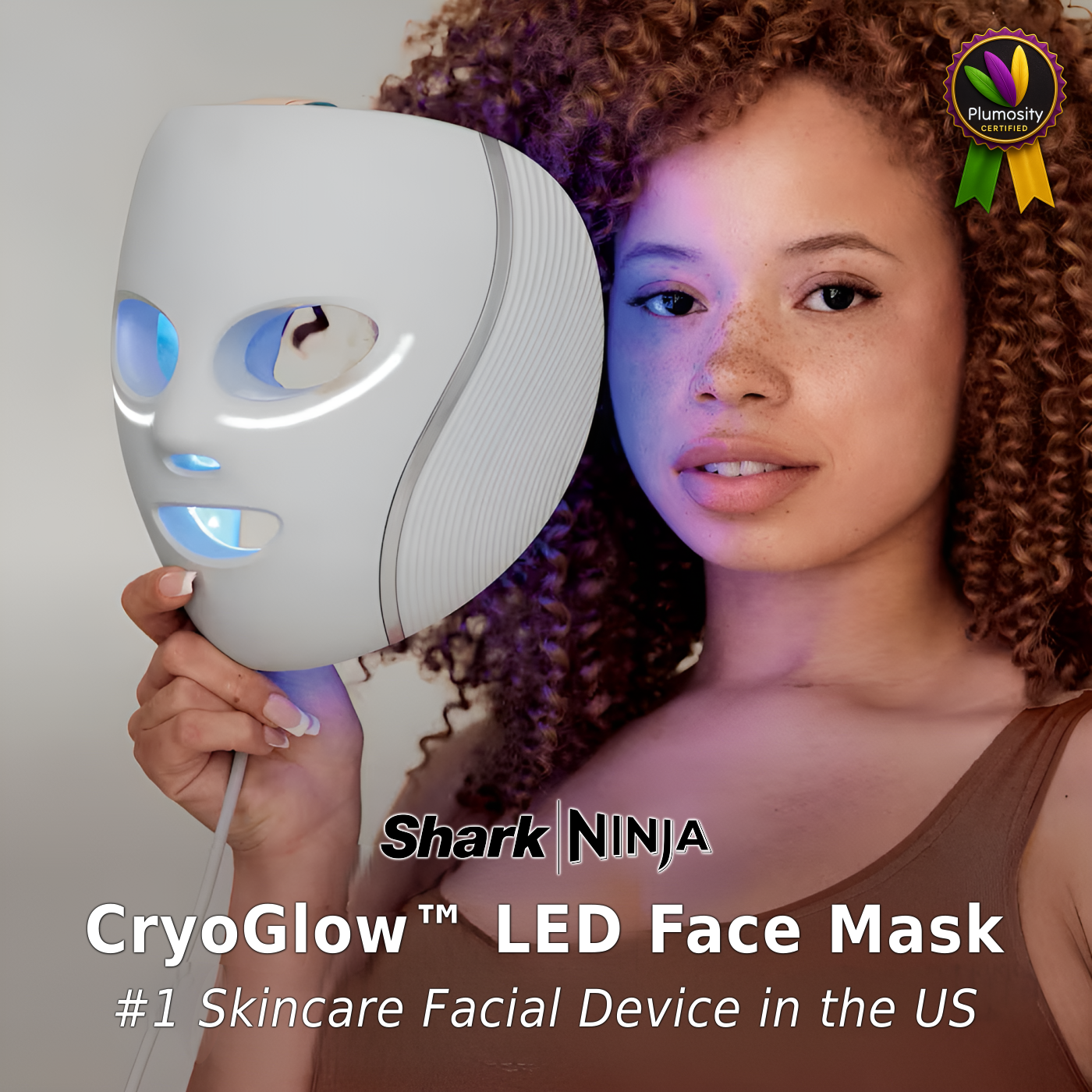 Shark CryoGlow LED Face Mask with Plumosity Certified badge overlay