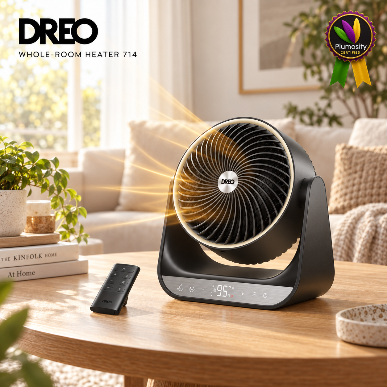 DREO Whole-Room Heater 714 portable space heater with Plumosity Certified badge overlay