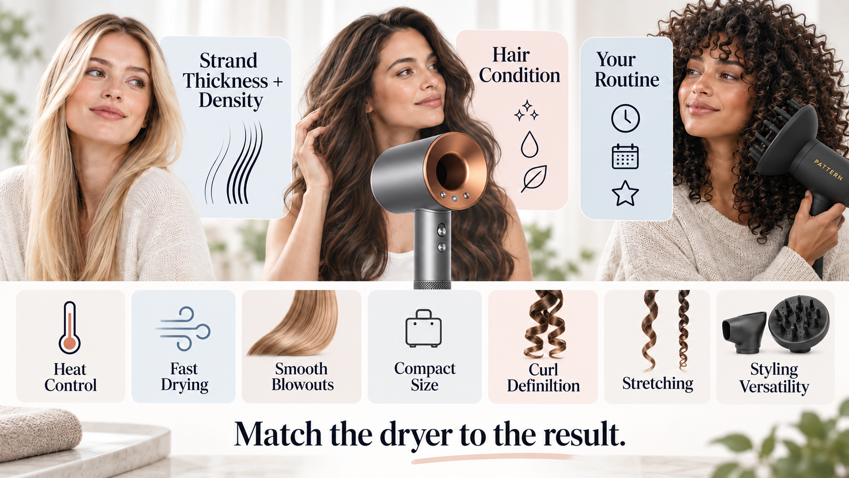 Illustration of different hair dryer priorities including heat control, fast drying, smooth blowouts, compact size, curl definition, stretching, and styling versatility