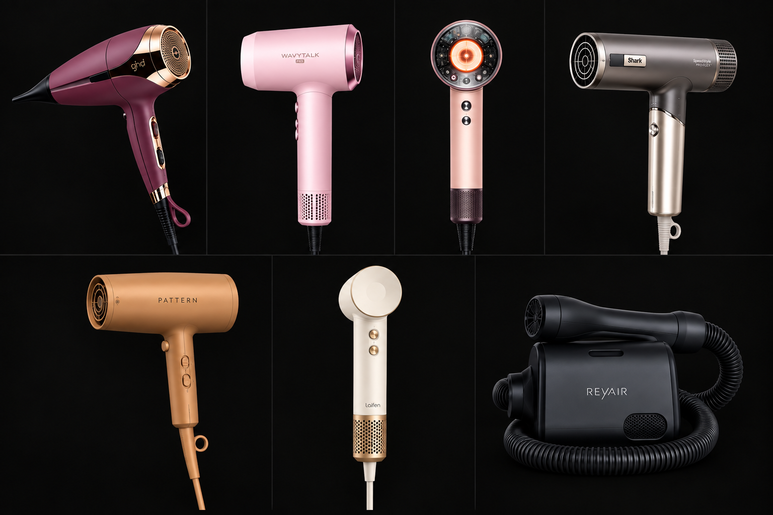 Seven hair dryers recommended by Plumosity: ghd Helios, Wavytalk Turblow Pro, Dyson Supersonic Nural, Shark SpeedStyle Pro Flex, PATTERN Blow Dryer, Laifen Mini, and RevAir