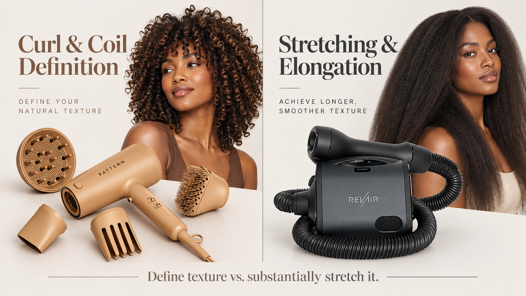 Illustration comparing defined curls and coils with stretched textured hair