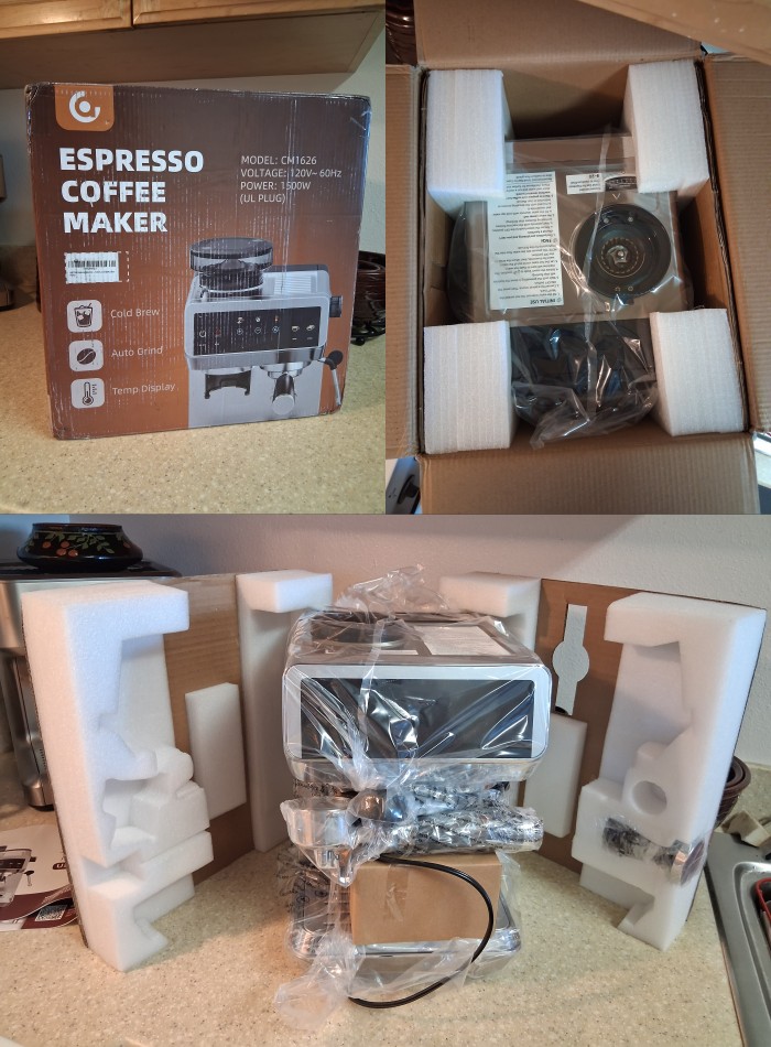 AMZCHEF CM1626 espresso machine surrounded by protective foam inserts and plastic wrapping during unboxing