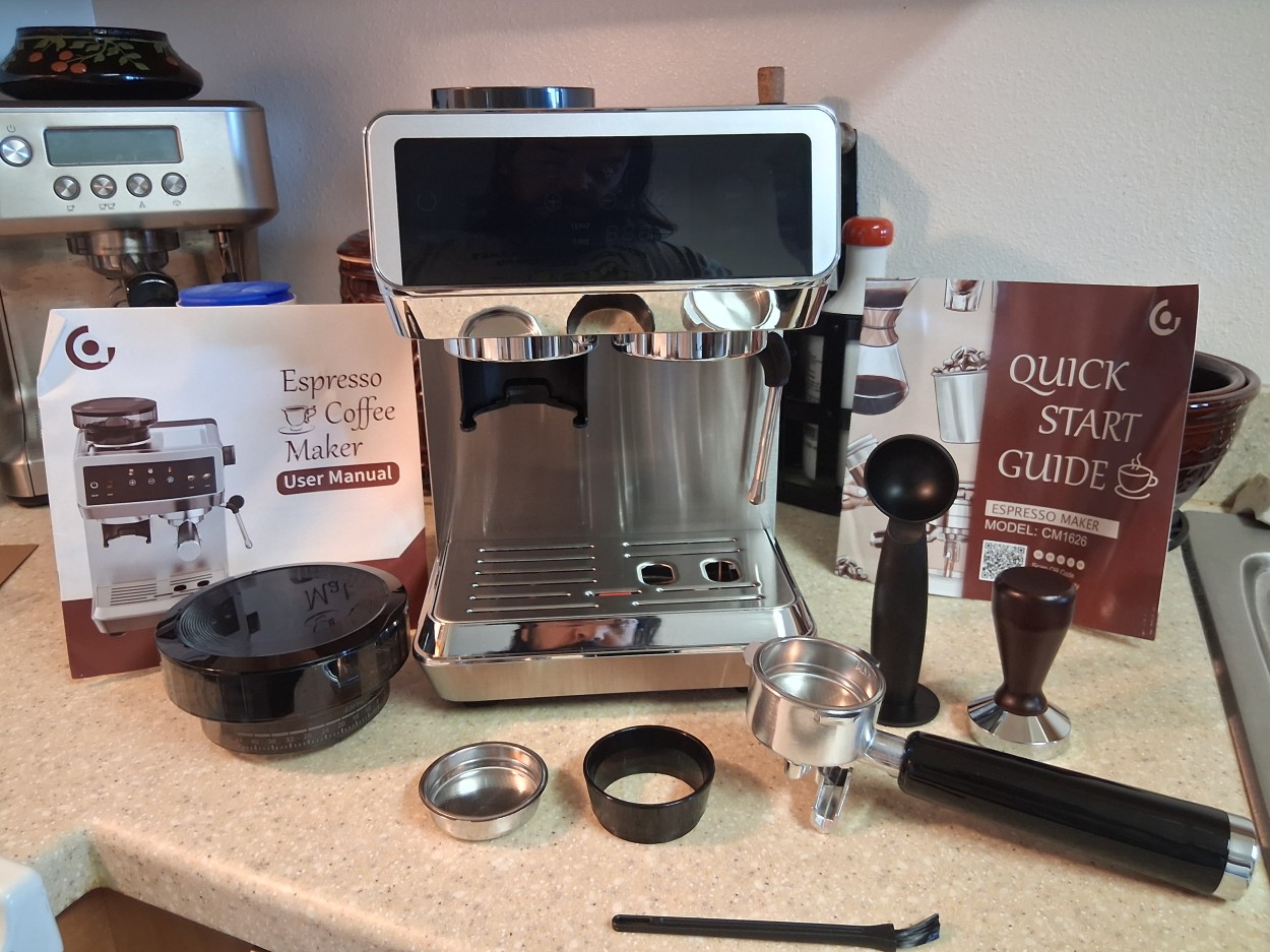 AMZCHEF CM1626 espresso machine displayed with its included portafilter, filter baskets, tamper, bean hopper, dosing funnel, cleaning brush, and instruction manuals
