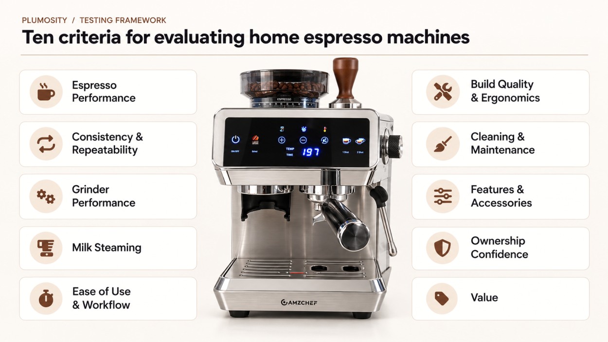 Plumosity's weighted evaluation framework showing ten criteria for reviewing home espresso machines