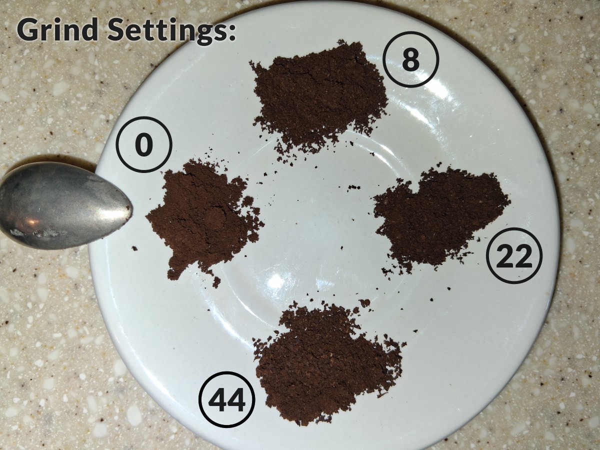 Comparison of coffee grounds produced by the AMZCHEF CM1626 grinder at settings 0, 8, 22, and 44, arranged on a white plate