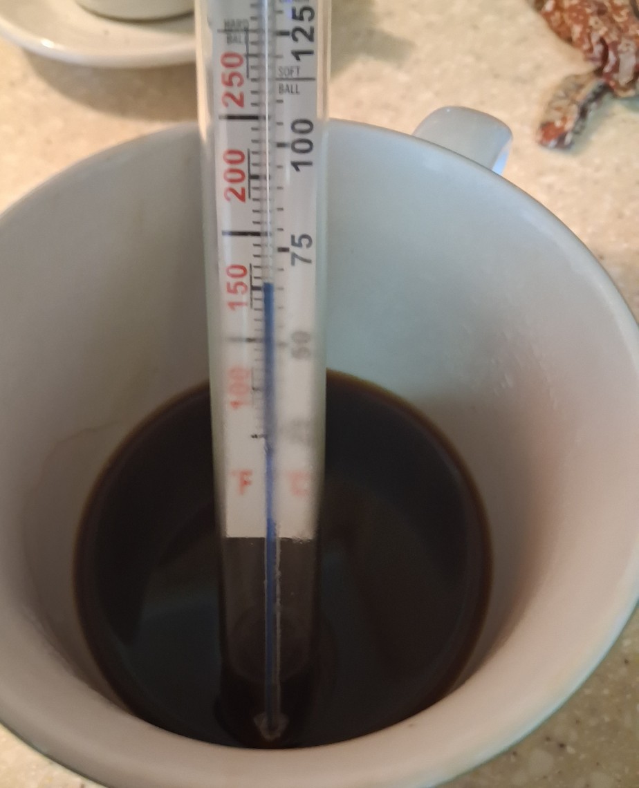 Thermometer measuring approximately 153°F in a cup of espresso brewed with the AMZCHEF CM1626 set to 201°F during an initial run without additional preheating
