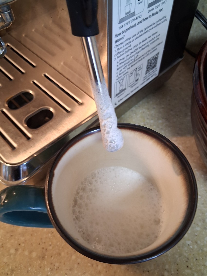 AMZCHEF CM1626 steam wand with freshly frothed milk clinging to the tip above a cup of milk foam