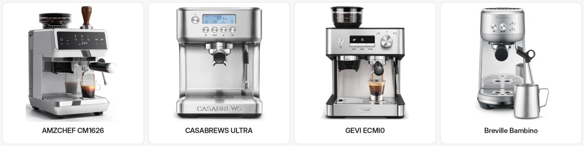 Side-by-side comparison of the AMZCHEF CM1626, CASABREWS ULTRA, GEVI ECMI0, and Breville Bambino espresso machines