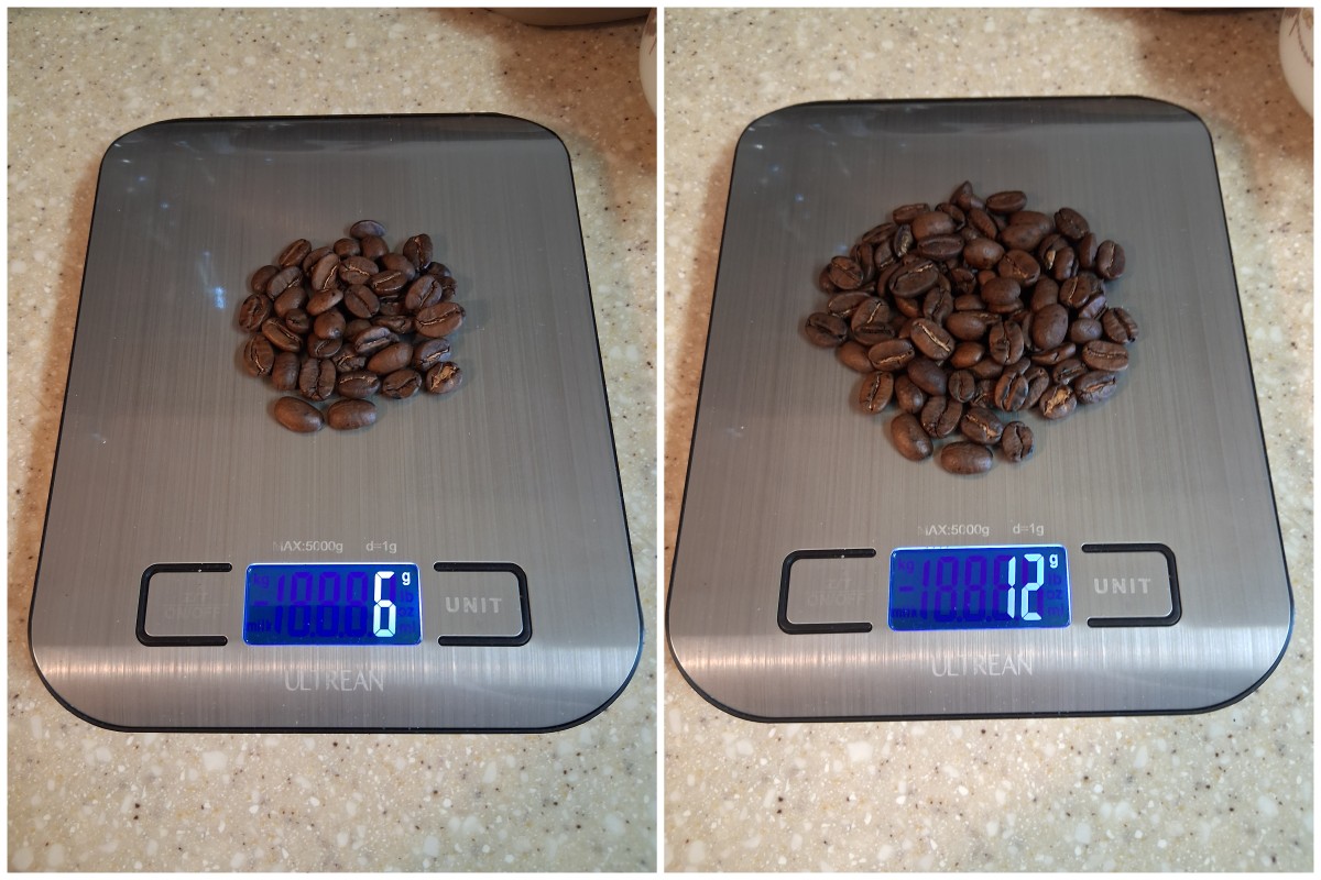 Side-by-side view of coffee beans on a digital kitchen scale, showing 6 grams on the left and 12 grams on the right