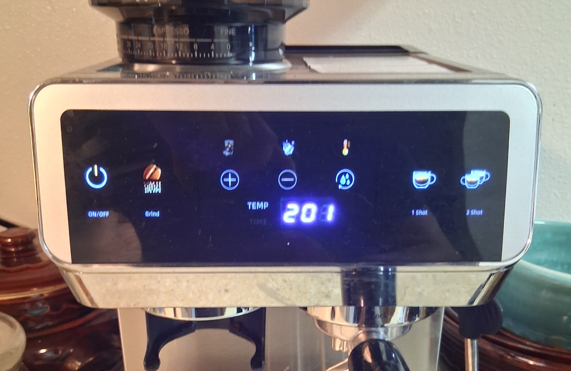 Close-up of the AMZCHEF CM1626 touchscreen display showing illuminated controls and a selected brewing temperature of 201 degrees
