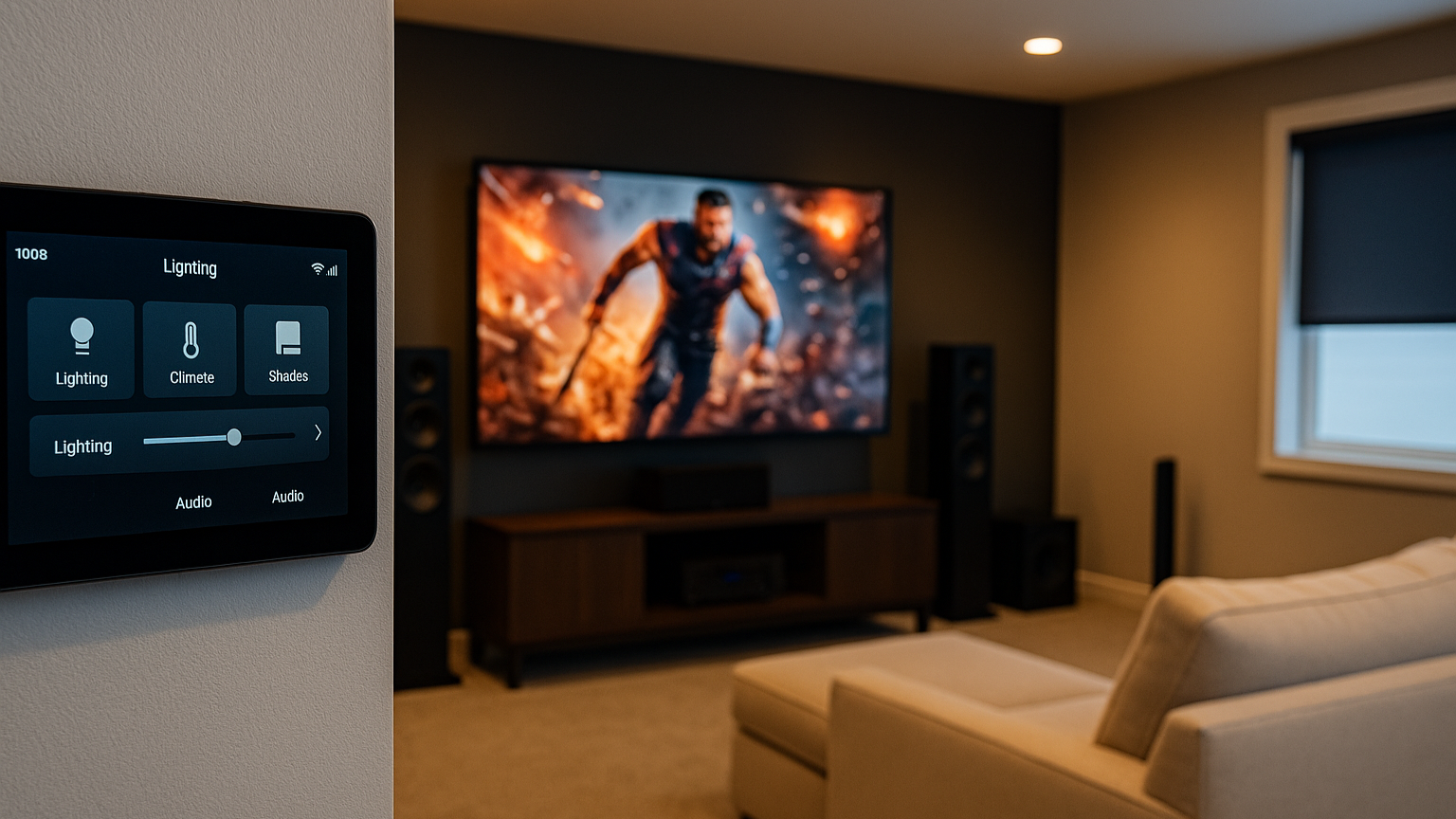 A wall-mounted control panel for lighting, climate, and window shades