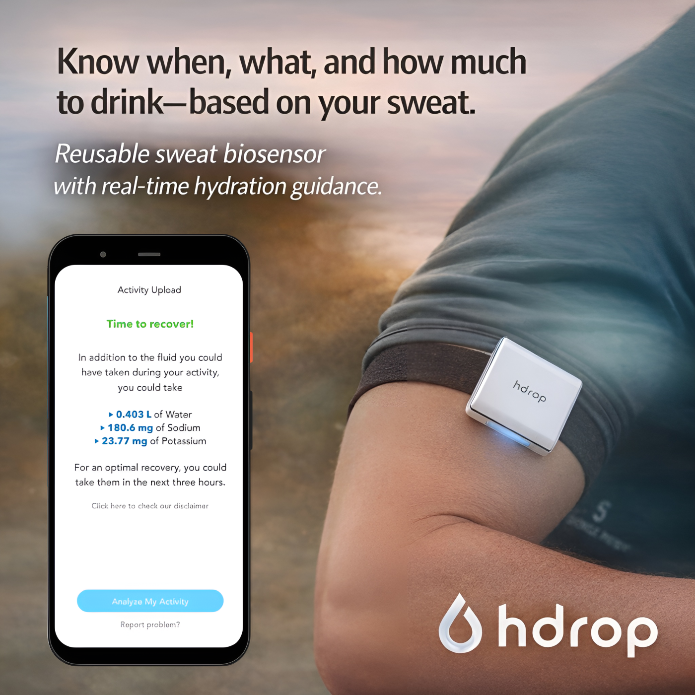 hDrop wearable sweat biosensor and hydration app