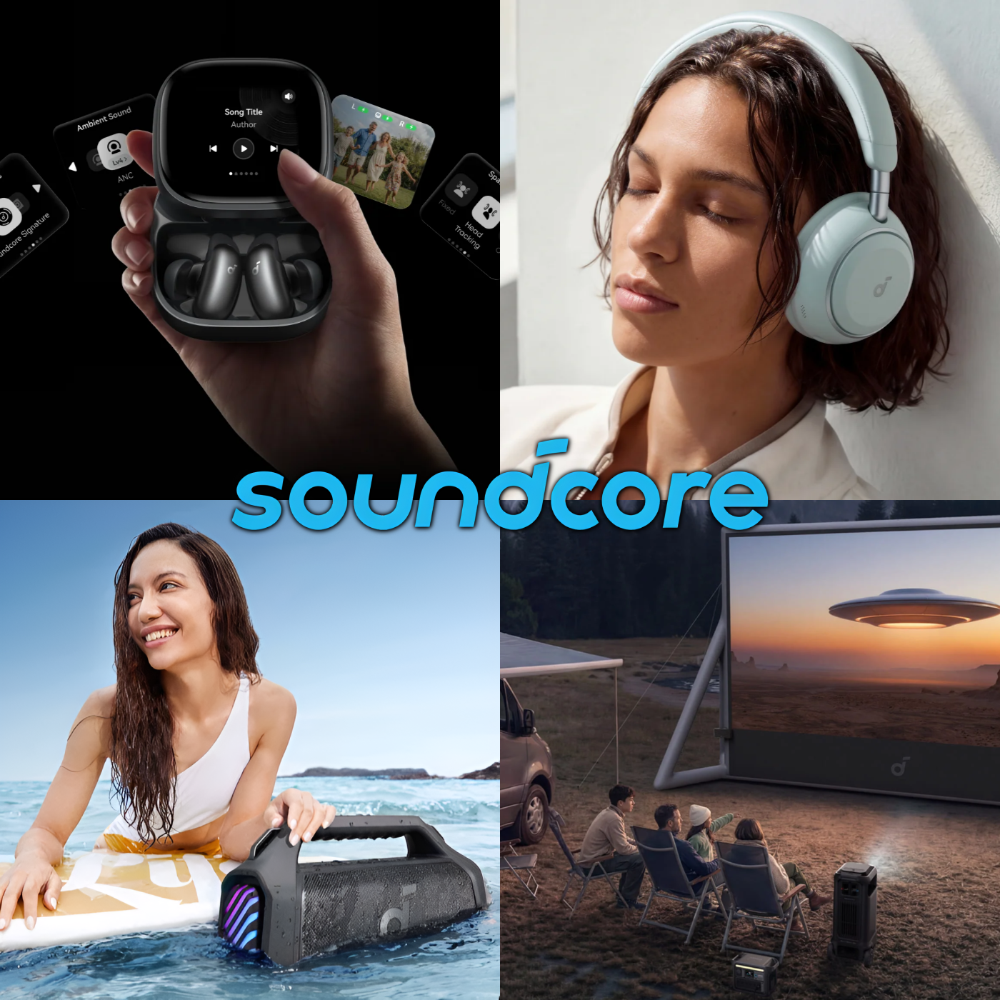 Soundcore earbuds, headphones, portable speaker, and outdoor projector